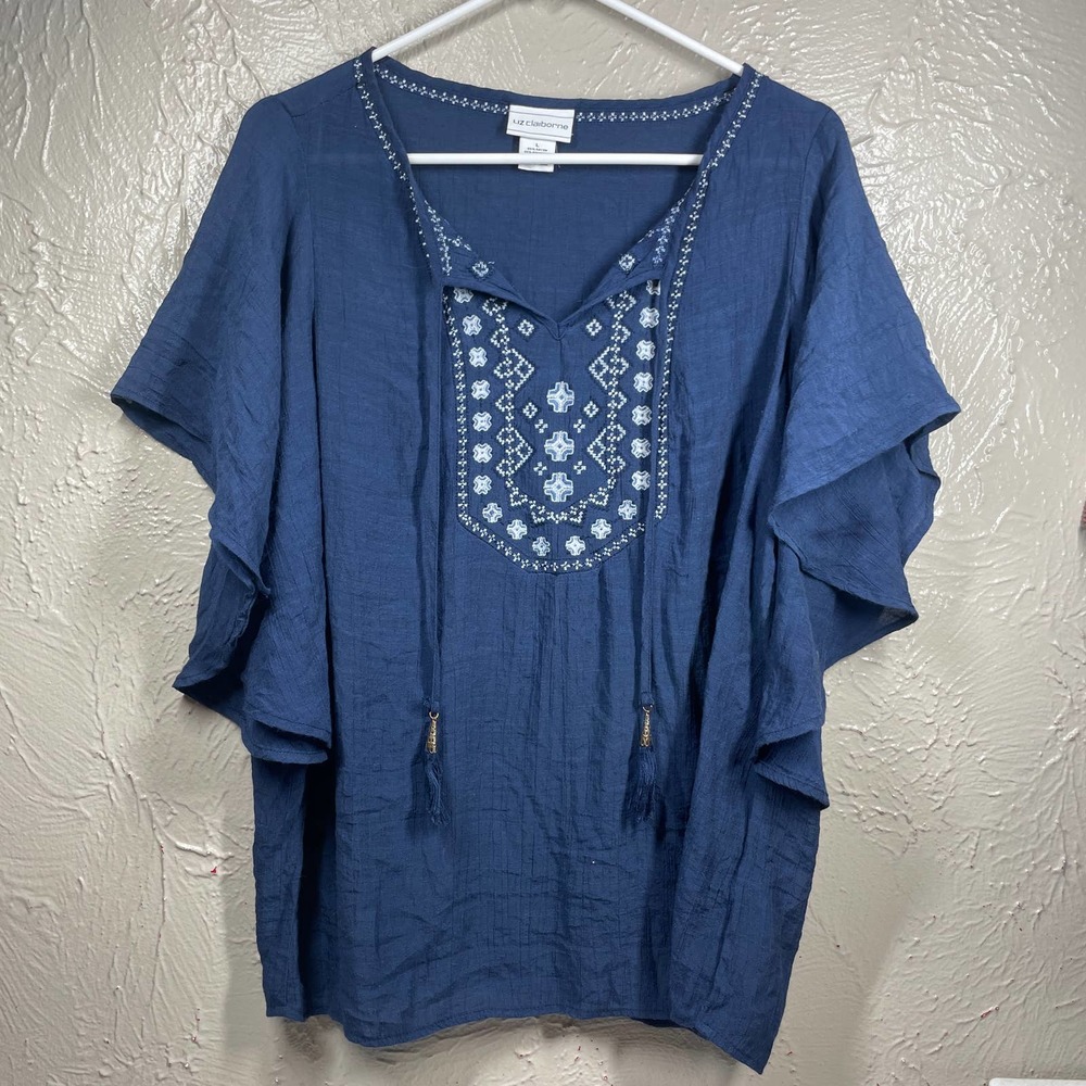 Liz Claiborne Blue Tassel Tie V Neck Embroidered Peasant Blouse Womens Sz Large‎